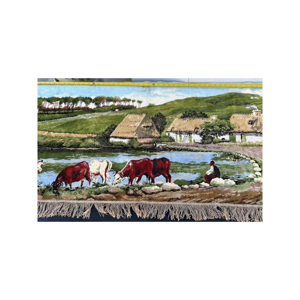 Vintage Scenic Tapestry Wall Hanging Cows River‎ Thatch Roof Cottages Fringe